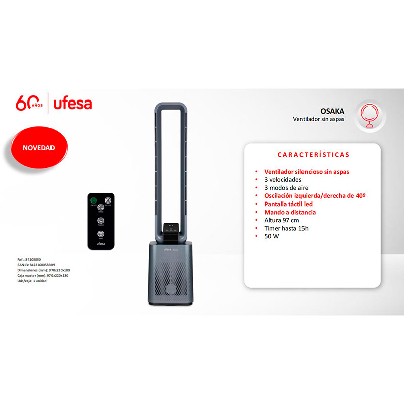 ventilador torre ufesa osaka s/asp tactil 50w 97cm - Imagen 3